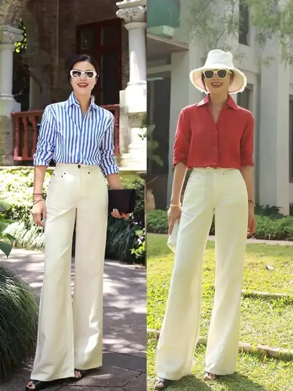 46岁女人穿衣服_中年女性夏季穿搭_衬衫T恤阔腿裤过膝裙