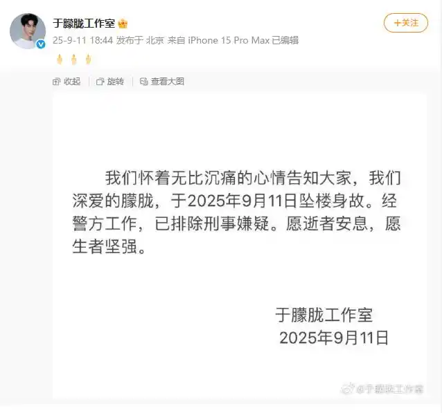 演员于朦胧工作室发文：于朦胧坠楼身故，已排除刑事嫌疑