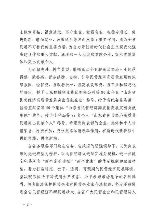 山东省民营经济高质量发展突出贡献奖_中国民营经济_80家企业