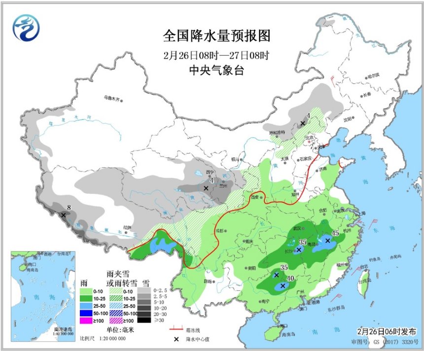 26日至27日南方地区将有中到大雨 青藏高原及甘肃等地有较强降雪