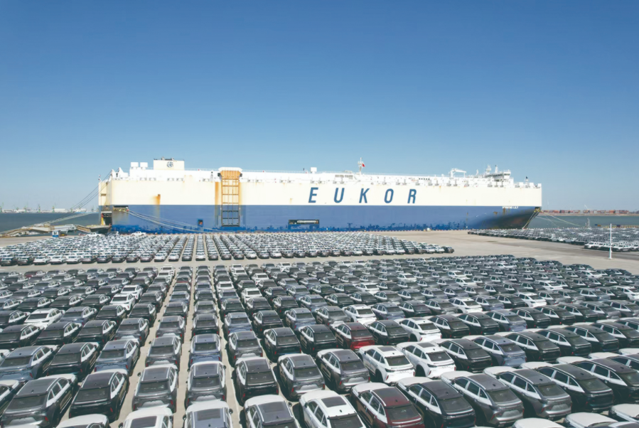 在天津港环球滚装码头,4000余辆国产品牌商品车陆续装船发往海外。天津日报 记者吴迪摄