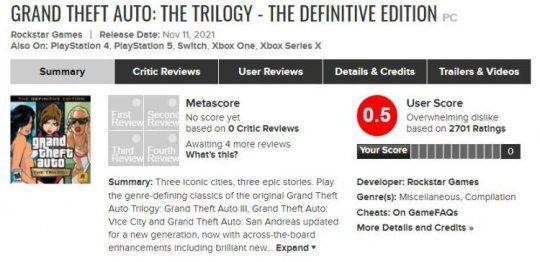 侠盗猎车手三部曲评价不到1分，R星怎么也拉了？炒冷饭真是技术活