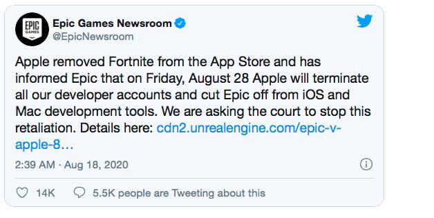 苹果威胁Epic Games：月底前关闭其开发者账户