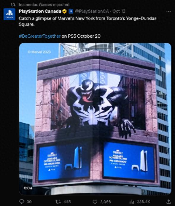 效果惊艳，游戏《漫威蜘蛛侠2》3D广告现身全球各地街头