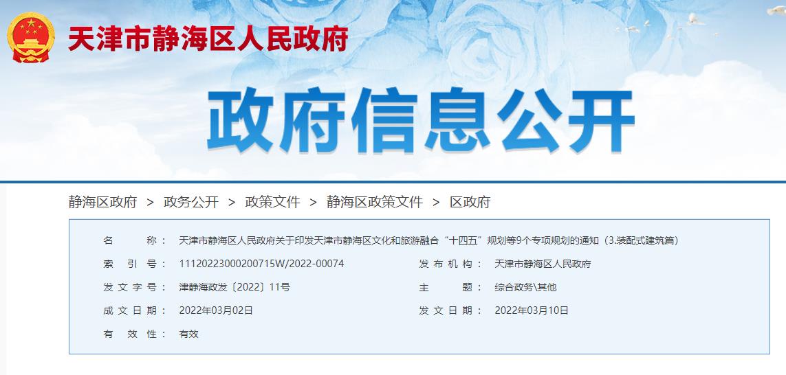 比例100% | 天津市静海区“十四五”规划明确装配式建筑发展目标